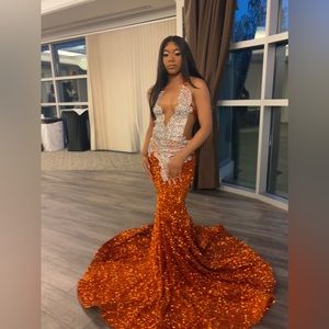 Burnt orange designer prom dress size xs